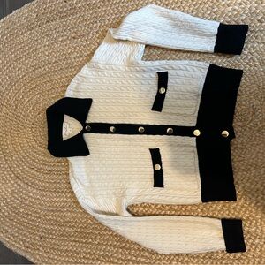 Black and White Cable Knot Button-Up Cardigan